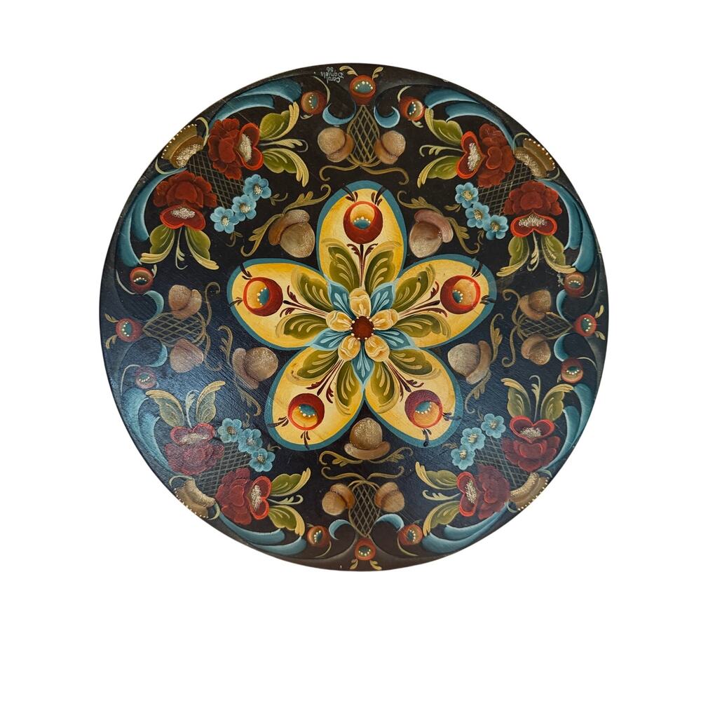Hand-Painted Norwegian Rosemaling Wooden Lazy Susan, Signed Daniela '06